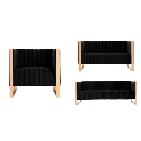 MANHATTAN COMFORT Trillium 3 Piece - Sofa, Loveseat and Armchair Set in Black and Rose Gold 3-SS559-BK
